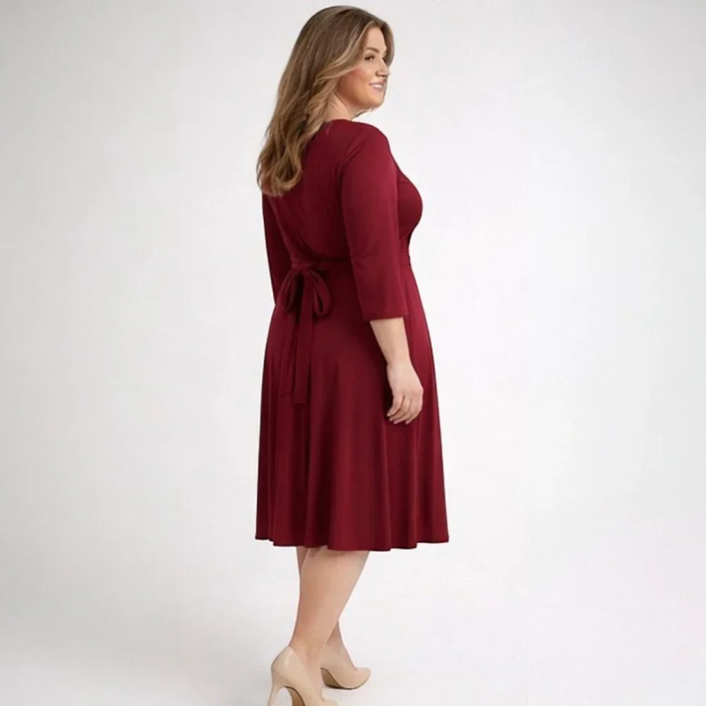 Flattering Burgundy Faux Wrap V-Neck Pleated Dress XL Self Tie Belt - Picture 5 of 6